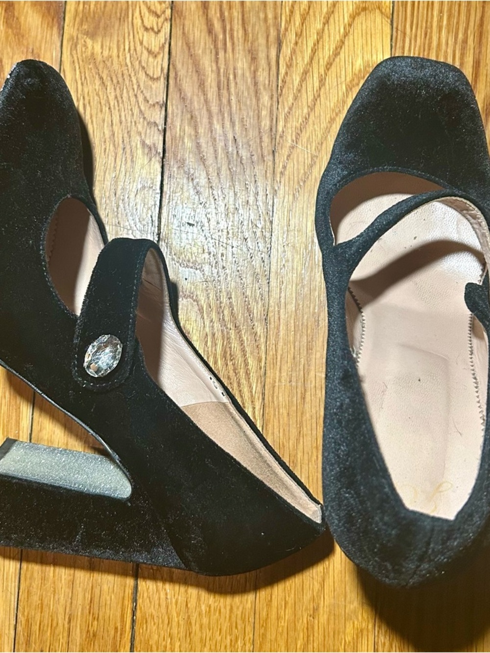 J.Crew Black Velvet Mary Jane Block Heels | Crystal Jewel Buckle | Made in Italy - Picture 2 of 6